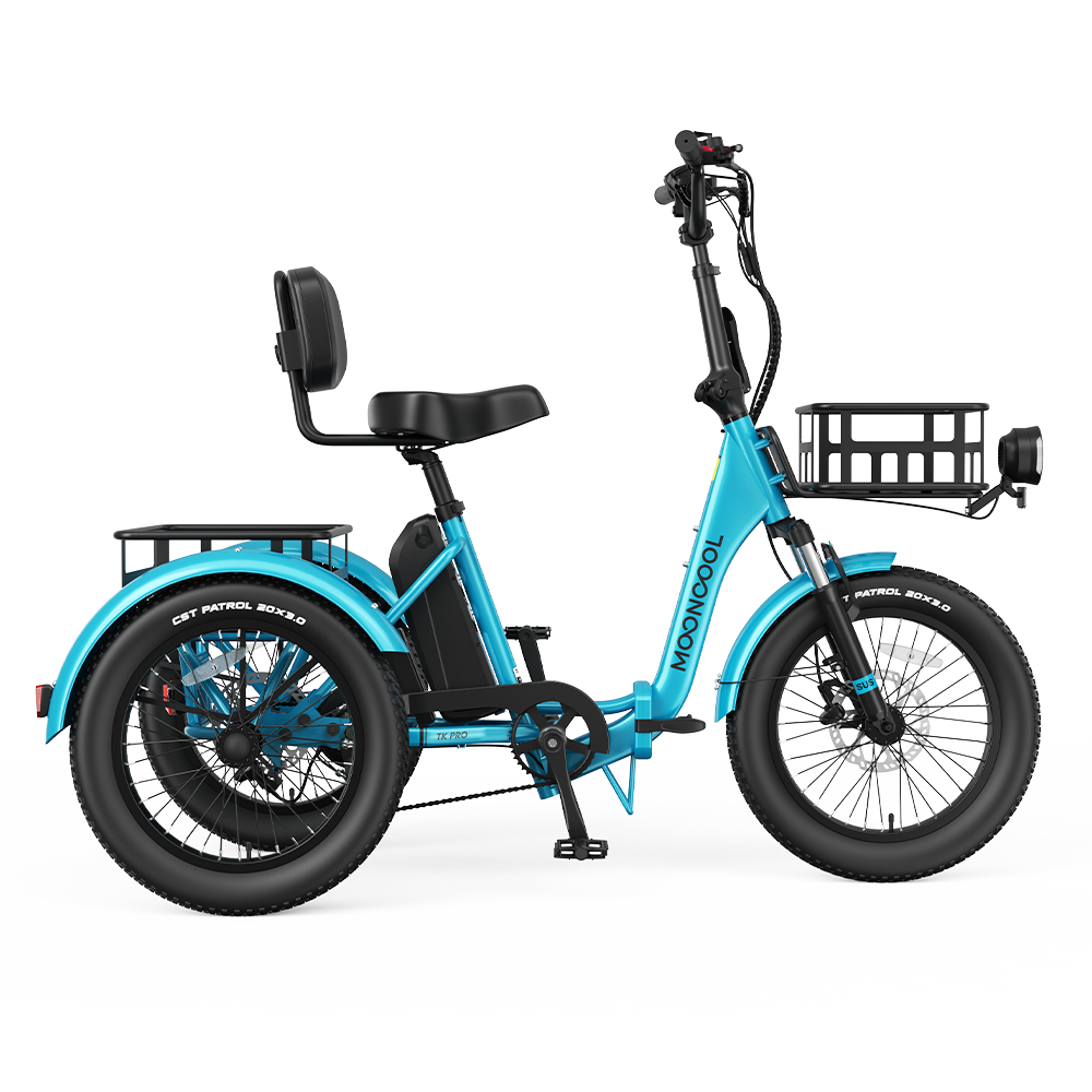Mooncool TK2 Electric Trike with 20-inch fat tires, low step-thru frame, and heavy-duty rear cargo basket for adult commuting